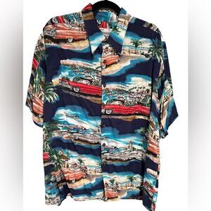 Reyn Spooner Hawaiian Cadillac Print Rayon Button Down Shirt XL Classic Car